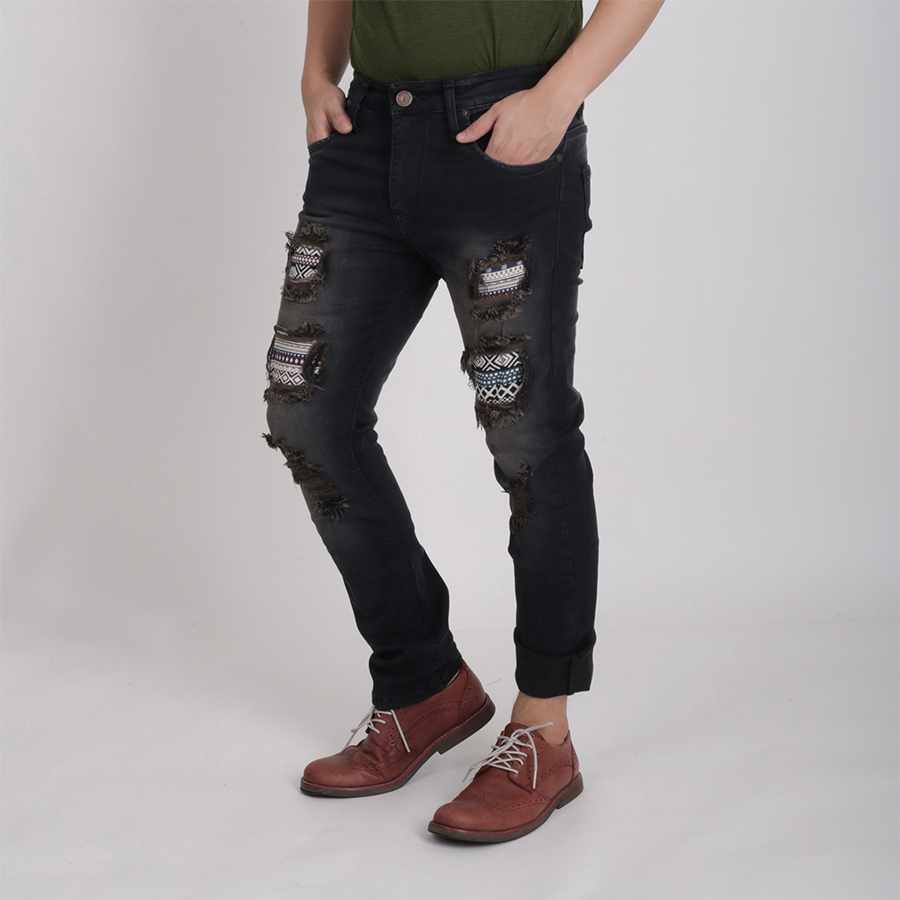 CELANA PANJANG SOFT JEANS PRIA PREMIUM DENIM RIPPED ETNIK