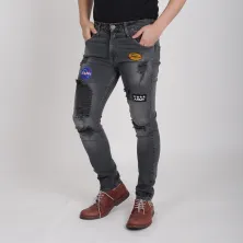 CELANA PANJANG JEANS CELANA PANJANG SOFT JEANS PRIA PREMIUM DENIM RIPPED EMBLEM NASA ABU TUA