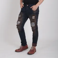 CELANA PANJANG JEANS CELANA PANJANG SOFT JEANS PRIA PREMIUM DENIM RIPPED ETNIK NAVAJO BIRU DONGKER