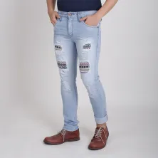 CELANA PANJANG JEANS CELANA PANJANG SOFT JEANS PRIA PREMIUM DENIM RIPPED ETNIK NAVAJO BIRU MUDA