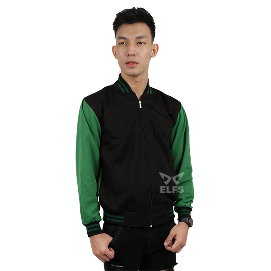 JAKET VARSITY Jaket Pria Baseball Varsity Resleting Lengan Hijau Hitam 1 hlpls_varsity_resleting_lengan_hijau_hx_0