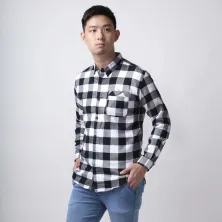 KEMEJA PANJANG Kemeja Flanel Pria Lengan Panjang Motif Kotak 01 Hitam Putih