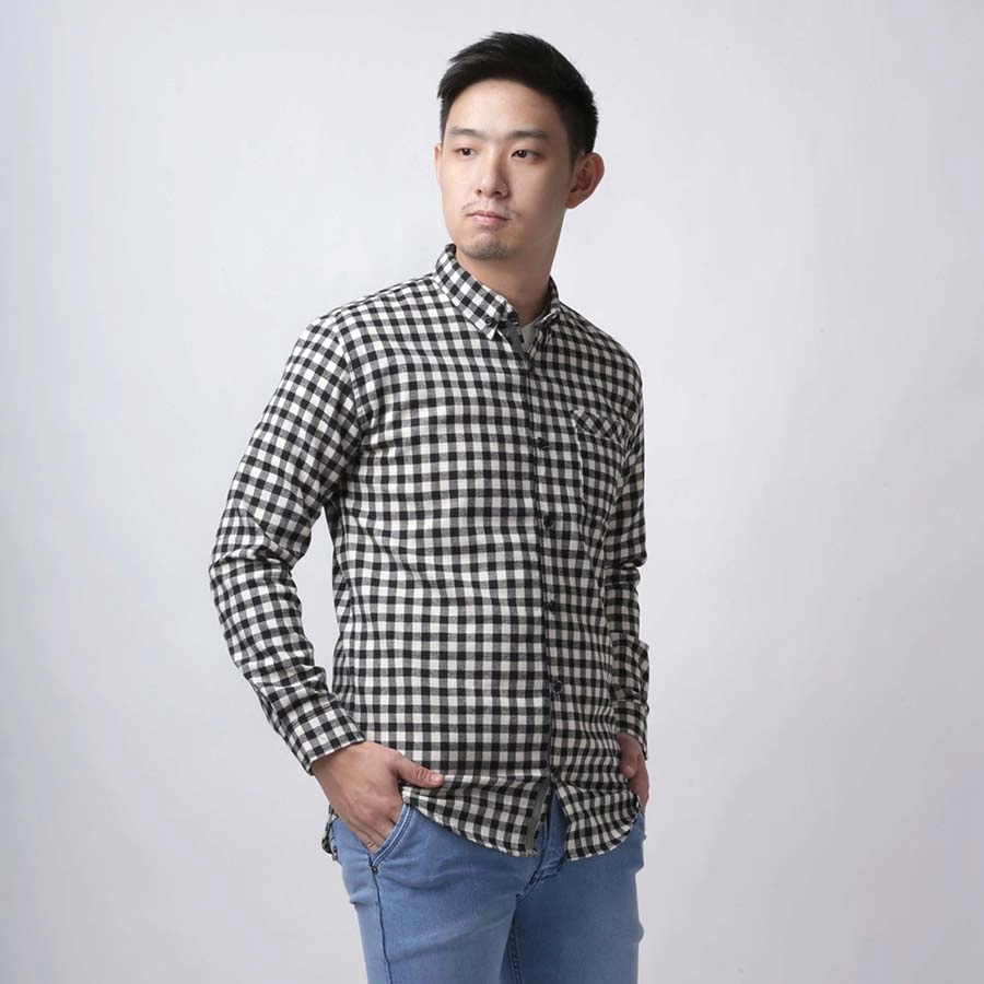 KEMEJA PANJANG Kemeja Flanel Pria Lengan Panjang Motif Kotak 02 Hitam Putih gading 1 kffj_flanel_02hx_pg0