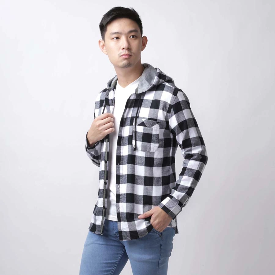 KEMEJA PANJANG Kemeja Flanel Pria Hoodie Lengan Panjang Motif Kotak 01 Hitam Putih 1 kffj_flanel_hoodie_01hx_px0