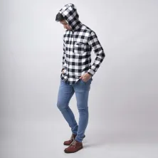 KEMEJA PANJANG Kemeja Flanel Pria Hoodie Lengan Panjang Motif Kotak 01 Hitam Putih