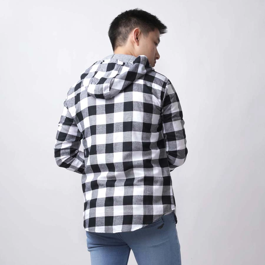 KEMEJA PANJANG Kemeja Flanel Pria Hoodie Lengan Panjang Motif Kotak 01 Hitam Putih 3 kffj_flanel_hoodie_01hx_px2