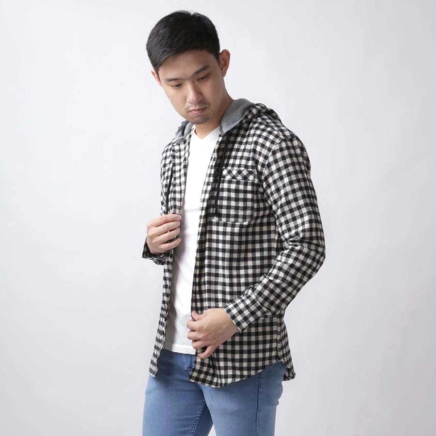 KEMEJA PANJANG Kemeja Flanel Pria Hoodie Lengan Panjang Motif Kotak 02 Hitam Putih Gading 1 kffj_flanel_hoodie_02hx_pg0