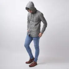 KEMEJA PANJANG Kemeja Flanel Pria Hoodie Lengan Panjang Motif Kotak 02 Hitam Putih Gading