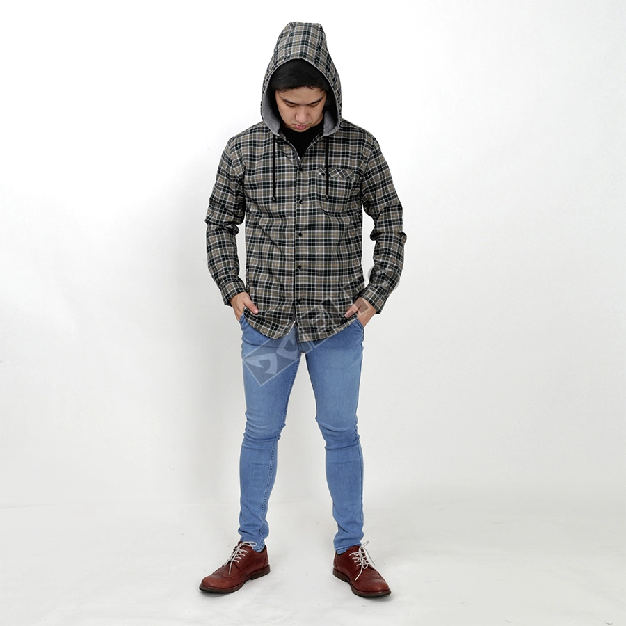 KEMEJA PANJANG KEMEJA FLANEL PRIA HOODIE LENGAN PANJANG MOTIF KOTAK 04 ABU MUDA - COKLAT TUA 2 kffj_flanel_hoodie_04am_ct1