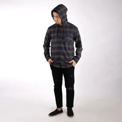 KEMEJA PANJANG KEMEJA FLANEL PRIA HOODIE LENGAN PANJANG MOTIF KOTAK 05 ABU MUDA - Coklat Tua 3 kffj_flanel_hoodie_05am_ct2