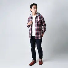 KEMEJA PANJANG KEMEJA FLANEL PRIA HOODIE LENGAN PANJANG MOTIF KOTAK 09 ABU MUDA MERAH CABE