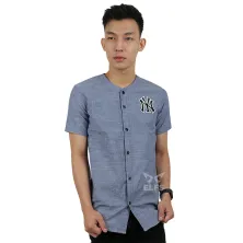 KEMEJA PENDEK Kemeja Pendek Pria Oxford Washed Baseball NY Biru Tua