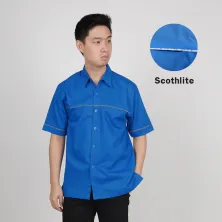 KEMEJA PENDEK Kemeja Seragam Perusahaan Japan Drill Uniform Bordir Logo 01 Biru tua