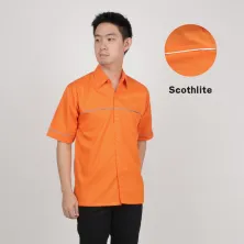 KEMEJA PENDEK Kemeja Seragam Perusahaan Japan Drill Uniform Bordir Logo 01 Orange