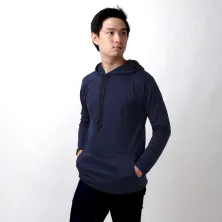 LENGAN PANJANG POLOS Kaos Pria Lengan Panjang Hoodie Kantong Terry Polos Biru Dongker