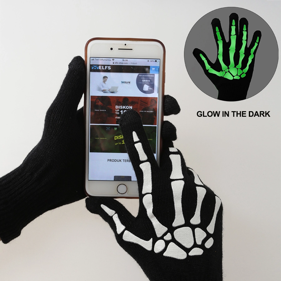 SARUNG TANGAN & MANSET Elfs - Sarung Tangan Tengkorak Glow in the Dark Halloween Skull Gloves Full Hitam 1 sarung_tangan_touchscreen_skull_full_hx0_1