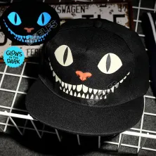 TOPI LED/GLOW Topi Glow in the dark Blue Fluoreschent Print Cheshire Cat Hitam