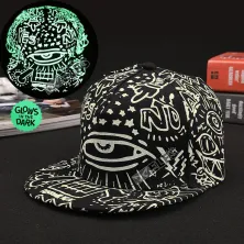 TOPI LED/GLOW Topi Glow in the Dark Green Fluoreschent Fullprint Mata Hitam