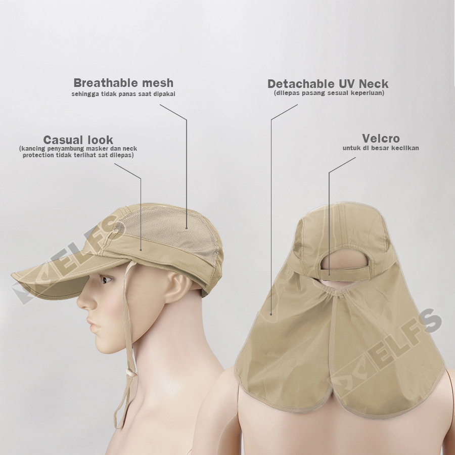 TOPI RIMBA / MANCING Elfs - Topi Mancing anti UV Masker Jepang Outdoor Hat Khaki 3 to1_topi_fishing_jepang_import_kh2