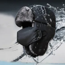 KUPLUK Topi Ushanka Russian 3in1 Cap  Masker Water Resist Winter Bomber Hat Hitam
