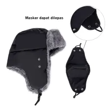 KUPLUK Topi Ushanka Russian 3in1 Cap  Masker Water Resist Winter Bomber Hat Hitam