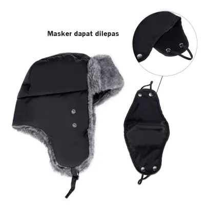 KUPLUK Topi Ushanka Russian 3in1 Cap + Masker Water Resist Winter Bomber Hat Hitam 2 to1_winter_ushanka_hx1