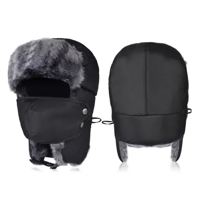 KUPLUK Topi Ushanka Russian 3in1 Cap + Masker Water Resist Winter Bomber Hat Hitam 4 to1_winter_ushanka_hx3