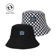 TOPI FEDORA / BUCKET Topi Bucket Hat Reversible Catur Hitam