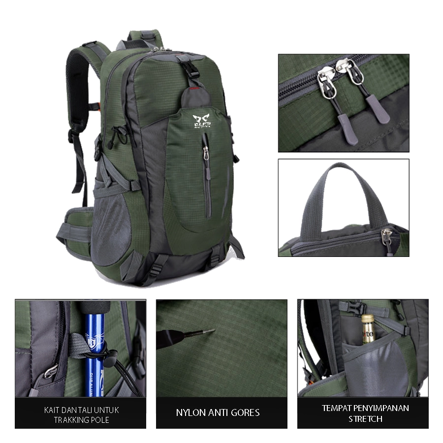 TAS GUNUNG TAS RANSEL GUNUNG CARRIER 40L SEMI WATER RESISTANT OUTDOOR HIKING BAG FK8607 HIJAU ARMY 4 trim_gunung_peluit_40l_elfs_fk86073