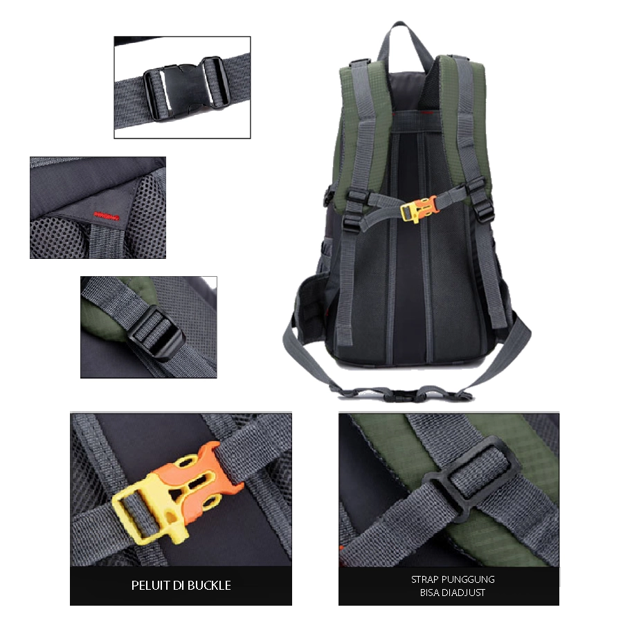 TAS GUNUNG TAS RANSEL GUNUNG CARRIER 40L SEMI WATER RESISTANT OUTDOOR HIKING BAG FK8607 HIJAU ARMY 5 trim_gunung_peluit_40l_elfs_fk86074