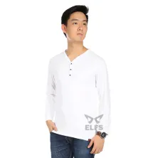 LENGAN PANJANG POLOS Vneck Pria Lengan Panjang Button 3 Yneck Putih